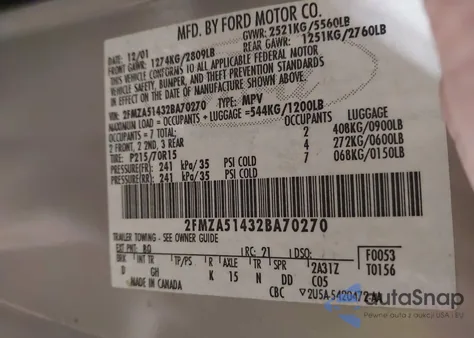 2002 Ford Windstar Lx z USA, uszkodzony, nr VIN 2FMZA51432BA70270